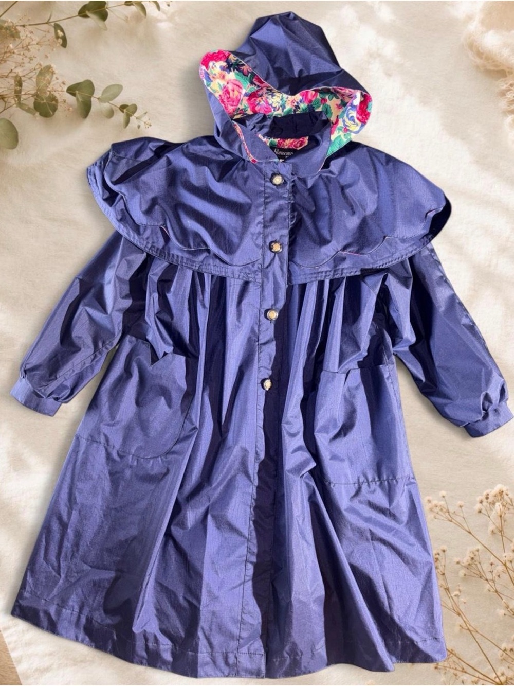 Rothschild Navy Purple Hooded Kids Raincoat with Floral Trim